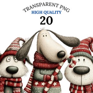 May include: Illustration of three cartoon dogs wearing winter hats and scarves. The dogs are in a festive holiday theme, with the text "TRANSPARENT PNG HIGH QUALITY 20" at the top.
