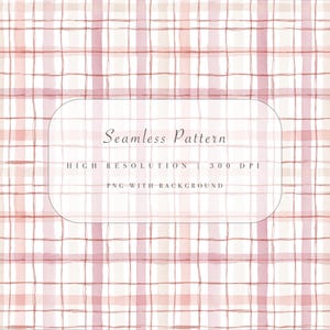 Può includere: Un design a motivo continuo con un motivo a quadri ad acquerello nei toni del rosa e del pesca. Il design include il testo "Seamless Pattern", "High Resolution" e "300 DPI". Lo sfondo è di colore bianco sporco.