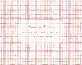 Watercolor Plaid Seamless Pattern PNG - Pink Beige Gingham Digital Paper - Hand Painted Check Background - Commercial Use