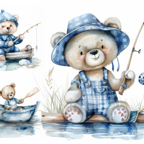 Watercolor Blue Fishing Teddy Bear Clipart Set for Kids, Commercial Use, Digital Download, Watercolor Bear Clipart, Teddy Bear Clipart Set