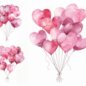 Pink Heart Balloon Clipart Bundle, Pink Balloon Clipart, Watercolor Heart Clipart, High Quality JPG, Digital Download, Birthday Balloon Set