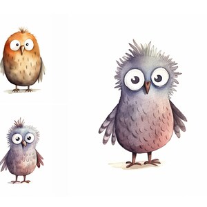 Paquete de imágenes prediseñadas de búho divertido, animales de baby shower, imágenes prediseñadas de búho de acuarela, JPG de alta calidad, uso comercial, personajes de animales divertidos, búho lindo