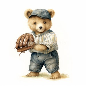 May include: A brown teddy bear wearing a blue baseball cap and a striped baseball uniform holds a brown leather baseball glove.