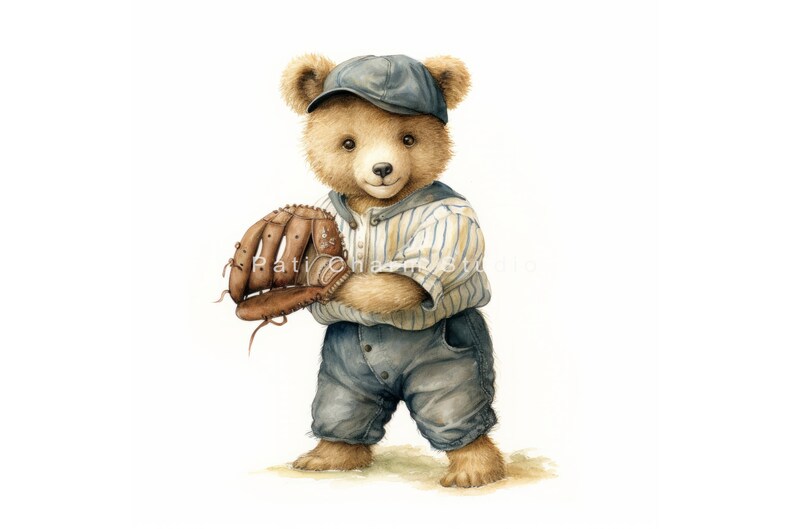 May include: A brown teddy bear wearing a blue baseball cap and a striped baseball uniform holds a brown leather baseball glove.