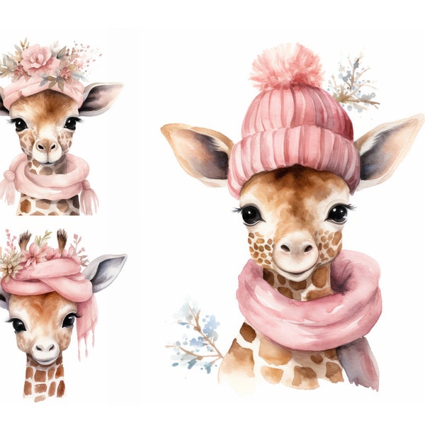 Christmas Pink Giraffe Clipart Set, High Quality JPGs, Cute Giraffe Clipart, Christmas Wall Art, Sublimation Design, Junk Journals, Cute JPG