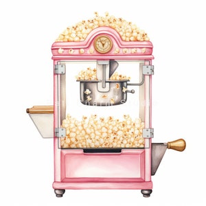 K&ouml;nnte beinhalten: Eine rosafarbene Popcornmaschine mit einer Glasfront und einem Metallkessel f&uuml;r Popcorn. Die Maschine ist mit Popcorn gef&uuml;llt und hat eine Uhr oben drauf.