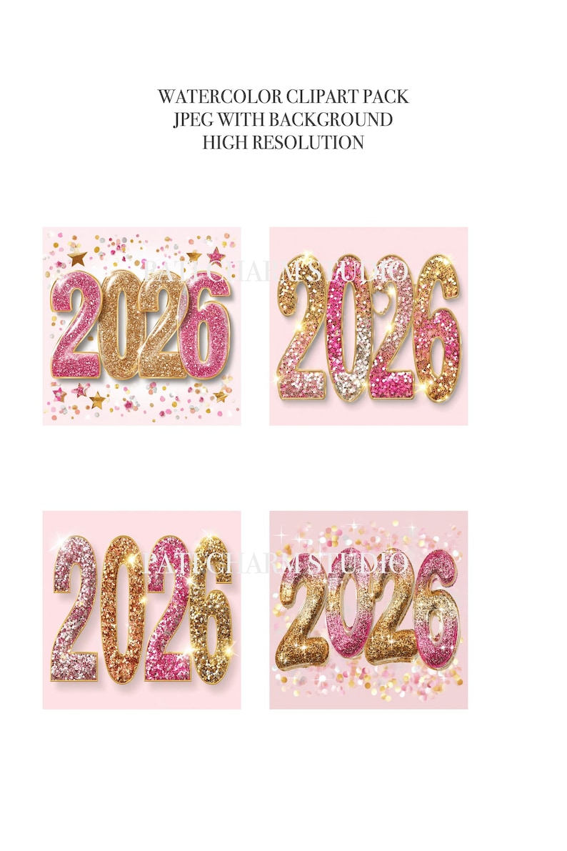 2026 Clipart Pink Glitter Numbers, New Year 2026 Clipart Confetti Gold ...