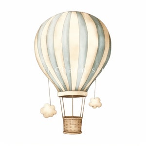 May include: A watercolor illustration of a blue and white striped hot air balloon with a brown wicker basket. The balloon has two white clouds attached to it.