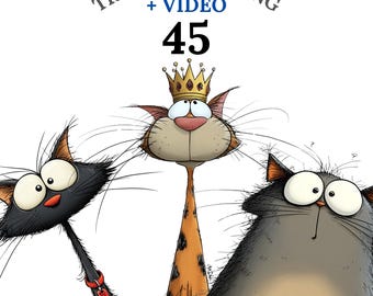 45 Quirky Cat Clipart Set, Funny Watercolor Cats PNG, Whimsical Clipart Bundle, Digital Download, Commercial Use + Bonus Video