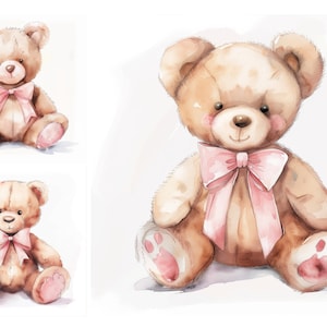 Oso de peluche con paquete de imágenes prediseñadas de lazo rosa, Diario basura, Diseño de fiesta de bebé, Oso de guardería de acuarela en estilo vintage, Conjunto lindo de uso comercial