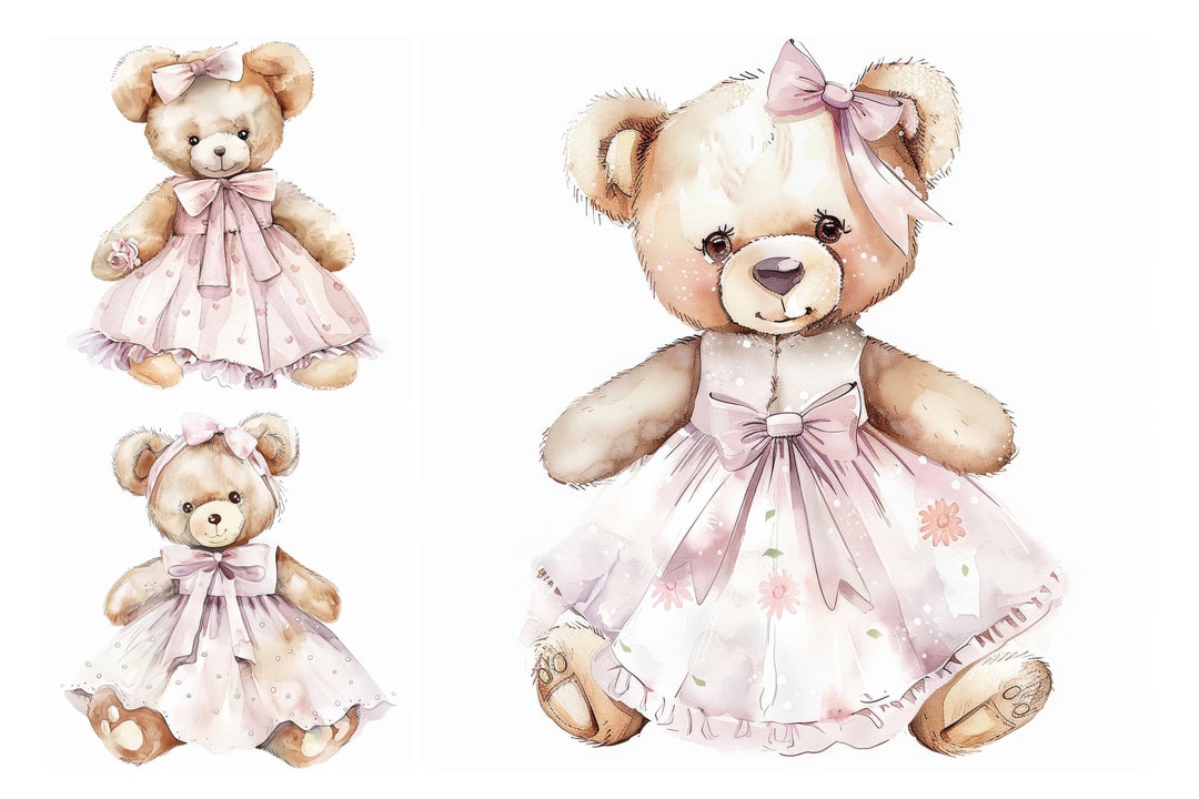 Nursery Bear in Pink Dress Clipart Bundle, Digital Download, Commercial ...
