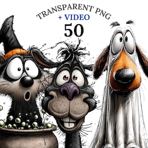 Puede incluir: Ilustración de dibujos animados con tres personajes de animales expresivos. Un gato negro con sombrero de bruja, una criatura negra parecida a un conejo y un perro con un hocico largo. Incluye el texto "TRANSPARENT PNG + VIDEO 50".