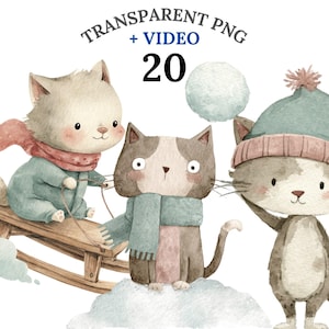 20 Christmas Cute Cat Clipart PNG Set, Watercolor Winter Cat Bundle, Meowy Christmas Clipart, Holiday Cat PNG, Digital Download, Kitten Art