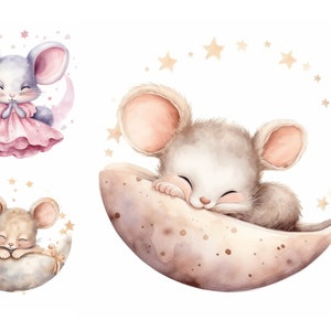 9 schattige aquarel slapende muis op de maan, hoge kwaliteit JPG's, kinderkamer kunst aan de muur, muis clipart, maan clipart, baby shower illustraties
