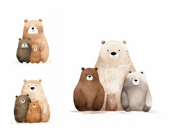Cute Bear Family Clipart Bundle, High Quality JPGs, Watercolor Nursery Bear Clipart, Baby Shower Decor, Funny Bear Clipart, Nursery Wall Art