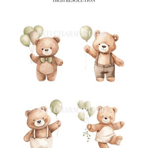 May include: Watercolor clipart pack featuring four adorable teddy bears holding balloons. The bears are in various poses, wearing outfits, and have a charming, whimsical design. The text at the top reads "Watercolor Clipart Pack PNG Transparent Background High Resolution."