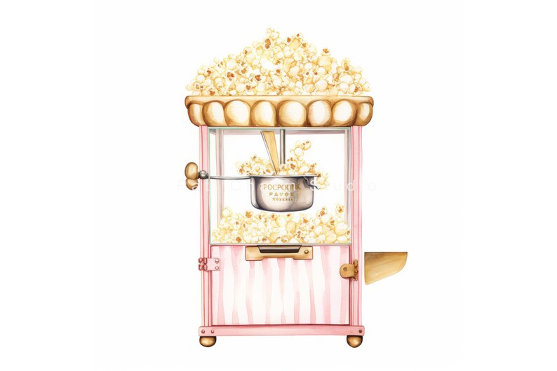 K&ouml;nnte beinhalten: Eine rosafarbene Popcornmaschine mit goldener Oberseite und einem silbernen Popcornkessel. Die Maschine ist mit Popcorn gef&uuml;llt und hat ein gestreiftes Design.