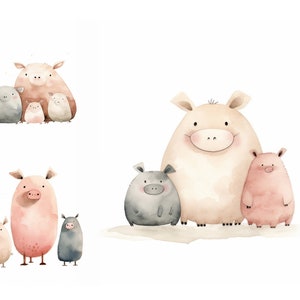 Cute Pig Family Clipart Bundle, Digital Download, Watercolor Pig Clipart, Funny Animal Character, Digital Download, Commercial Use, Piggy