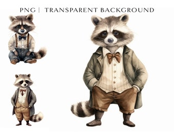 Watercolor Vintage Raccoon Clipart Set for Commercial Use - Watercolor Animal Clipart PNG - Transparent Background - Cute Digital Prints