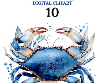 Set di clipart di granchio blu, clipart di granchio marino nautico, clipart di spiaggia marina costiera, pacchetto JPEG di vita marina, download rapido, uso commerciale