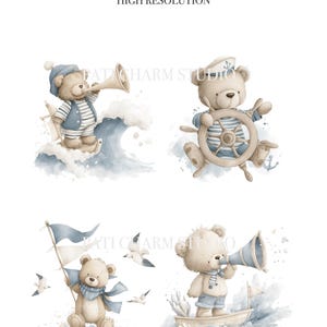 May include: Watercolor clipart pack featuring four teddy bears in nautical themes. One bear is on a sailboat, another at the helm, a third with a flag, and the last in a boat with a megaphone. The bears are in shades of blue and beige.