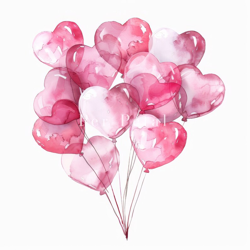 Pink Heart Balloon Clipart Bundle, Pink Balloon Clipart, Watercolor ...