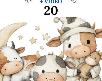 20 Baby Cow Clipart PNG + Video, Cute Farm Animal Nursery Bundle, Watercolor Cow for Kids Room Wall Art & Digital Designs, Commercial Use