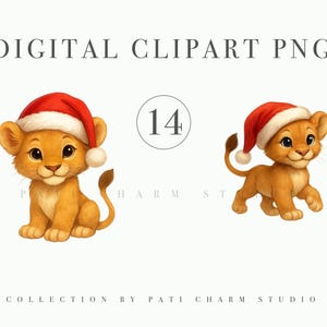 Clipart Noël bébé lion PNG, mignons animaux de safari en bonnets de père Noël, oursons de la jungle aquarelle pour cartes de vœux, chambre d'enfant, décoration d'hiver