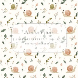 Escargot et feuilles transparente motif PNG - aquarelle escargots et feuillage - papier numérique bébé pastel - usage Commercial