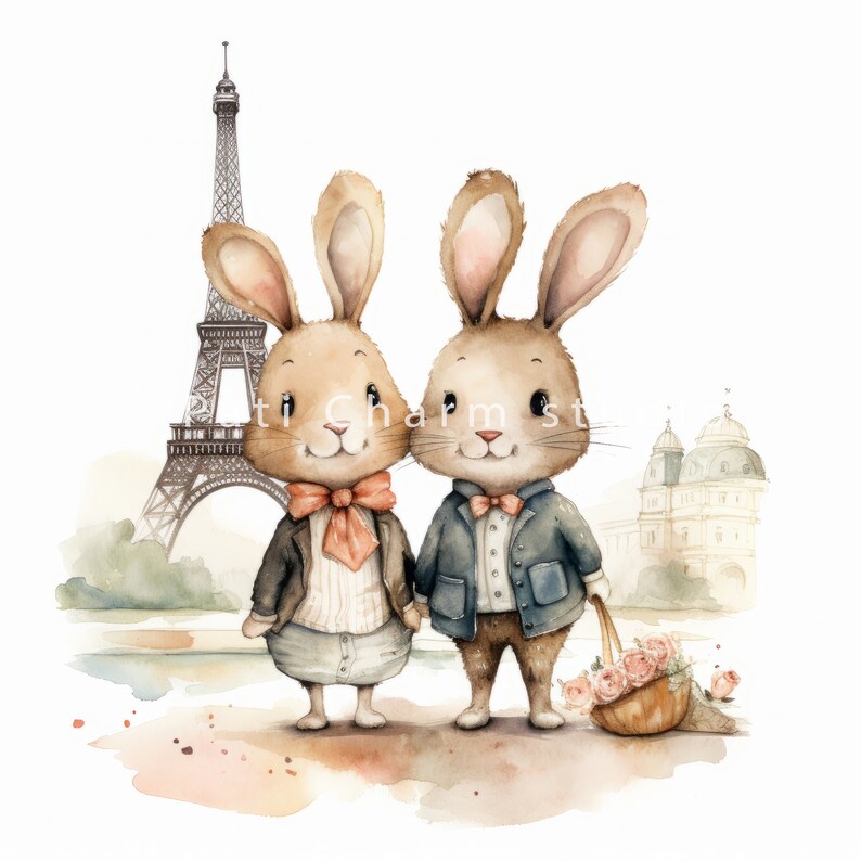 Watercolor Rabbits in Paris Clipart Bundle, High Quality Jpgs, Couples ...