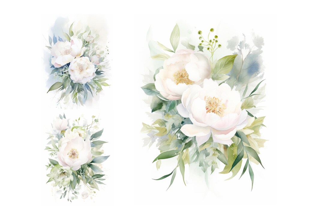 Watercolor White Peonies Clipart Bundle, Wedding Flowers, Wedding ...