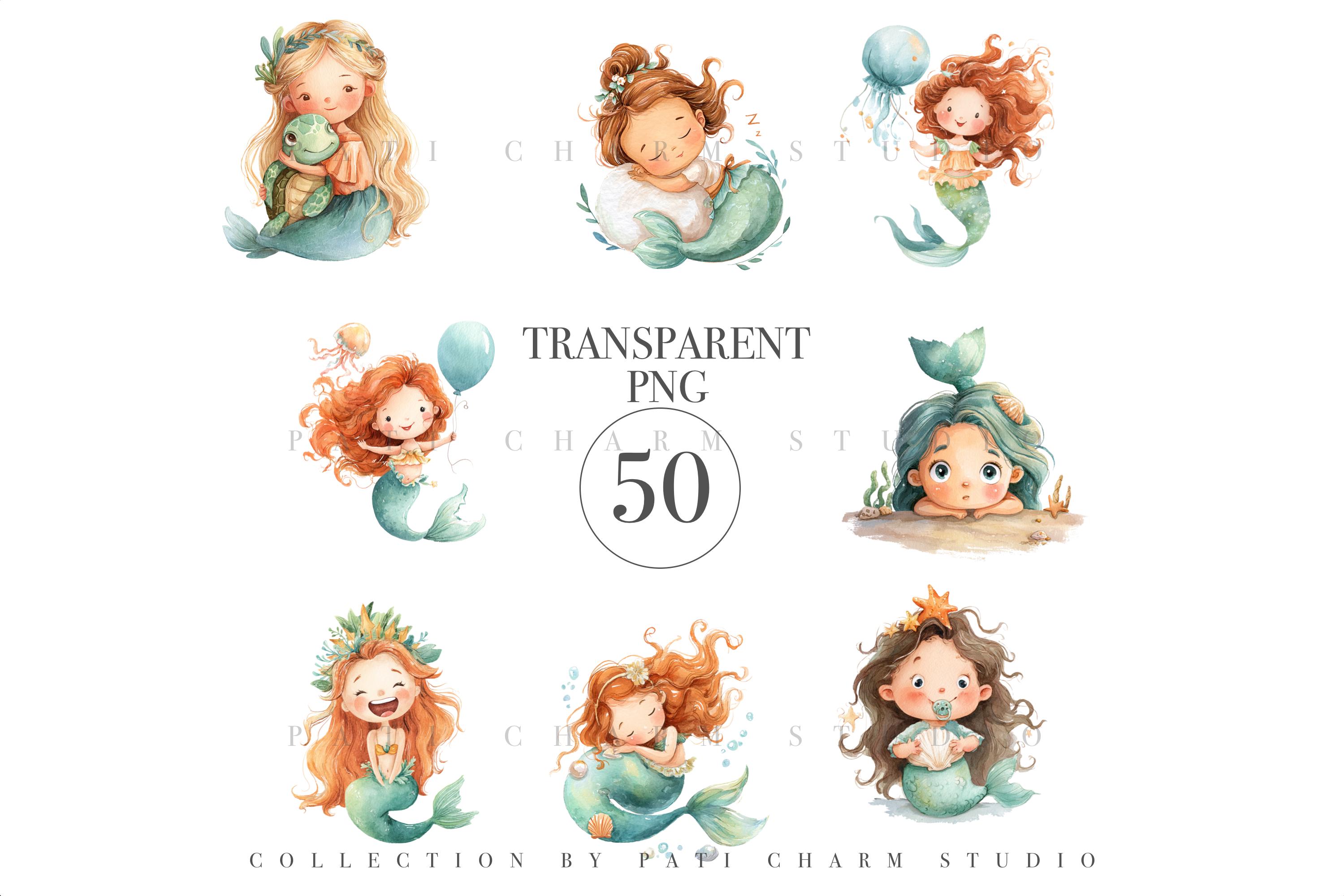 Mermaid Clipart Set, 50 Cute Mermaid PNG, Watercolor Ocean Girls, Sea ...