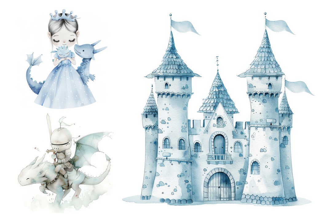 Watercolor Fairy Tale Clipart Bundle, High Quality JPG, Blue Castle ...