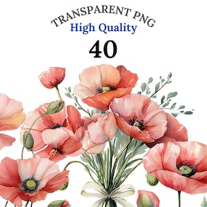 40 Red Poppy Clipart PNG, Watercolor Poppy Flower Bundle, Botanical Floral Art for Junk Journal, Digital Download, Wildflowers Clipart Set
