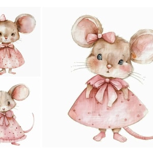 Lindo ratón en paquete de imágenes prediseñadas de vestido rosa, imágenes prediseñadas de ratón, animal bebé de guardería, diseño de sublimación, paquete de imágenes prediseñadas de guardería, animal lindo, arte de ratones