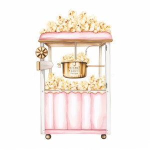 K&ouml;nnte beinhalten: Eine rosa und wei&szlig;e Popcornmaschine mit einem goldenen Popcornkessel und einem Schild mit der Aufschrift "Patswat Service Popcorn".
