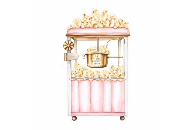 K&ouml;nnte beinhalten: Eine rosa und wei&szlig;e Popcornmaschine mit einem goldenen Popcornkessel und einem Schild mit der Aufschrift "Patswat Service Popcorn".