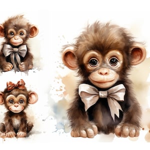Watercolor Monkey Clipart Bundle, High Quality JPGs, Card Making, Baby Shower Clipart, Cute Baby Animals Clipart, Nursery Wall Art, Monkey