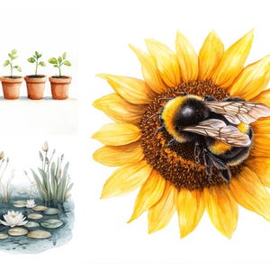 ひまわりの花、鉢植え、庭の池、ガーデニングフォーク、チューリップの列、ピクニックバスケット、鳴鳥の止まり木、ハーブの束、花柄の自転車、素朴な