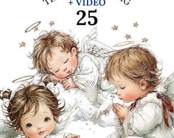 25 Niedliche Engel Clipart Set, Baby Engel PNG mit Flügeln, Aquarell Schutzengel für Kinderzimmer Dekor, Weihnachtsclipart + Bonus Video