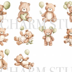 May include: Watercolor illustrations of various teddy bears in different poses. Some bears hold green balloons, while others wear suspenders or bow ties. The bears are in shades of brown and beige, with green accents. The overall theme is playful and whimsical.
