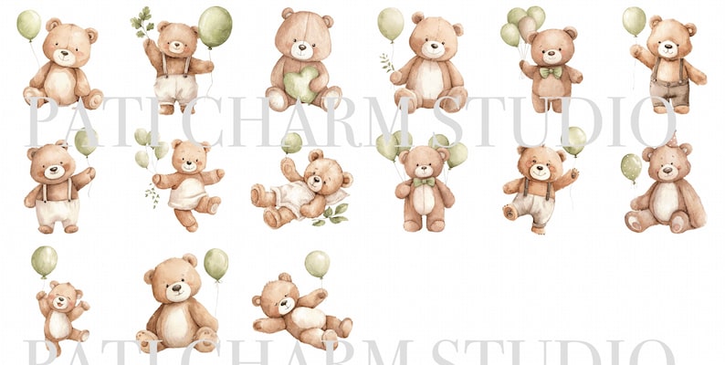 May include: Watercolor illustrations of various teddy bears in different poses. Some bears hold green balloons, while others wear suspenders or bow ties. The bears are in shades of brown and beige, with green accents. The overall theme is playful and whimsical.
