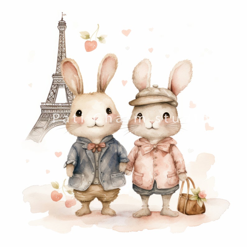 Watercolor Rabbits in Paris Clipart Bundle, High Quality Jpgs, Couples ...