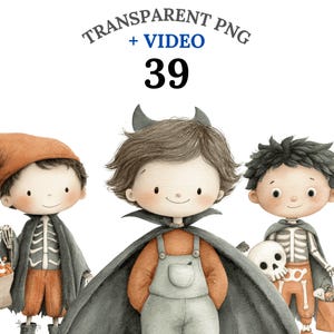 Halloween Boys Clipart Set, Cute Skeleton and Pumpkin Kids PNG, Fall Scarecrow Illustrations, Fast Download, Commercial Use, Video Included