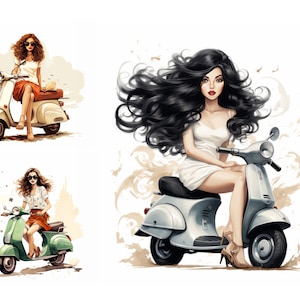 Vespa Girl Clipart Bundle, High Quality JPGs, Women on Scooter Clipart, Watercolor Vespa Clipart, Summer Girl Clipart, Instant Download Set