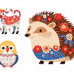 Volkskunst dieren clipartbundel, volkskunst clipart, schattige dieren clipart, kinderkamer muurkunst, plakboekafbeeldingen, hoge kwaliteit jpg's, digitale kunst