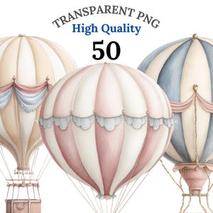 Könnte beinhalten: Aquarellillustration von drei Heißluftballons in Pastellfarben. Die Ballons sind in Rosa-, Creme- und Blautönen gehalten und mit dekorativen Verzierungen und Körben versehen. Der Text "TRANSPARENT PNG High Quality 50" ist enthalten.