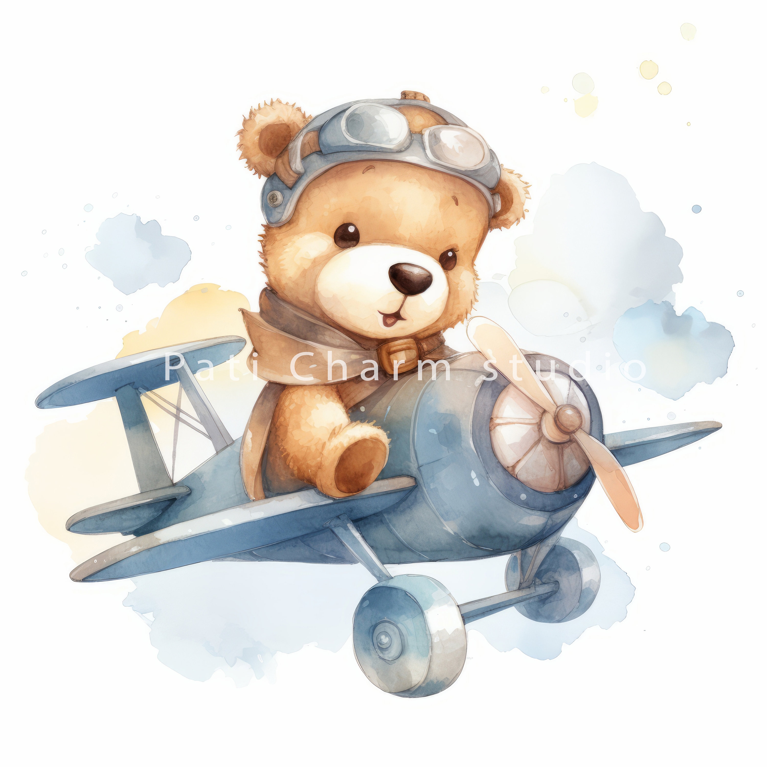 Airplane Teddy Bear Watercolor Clipart Bundle 9 High Quality Jpgs, Baby ...
