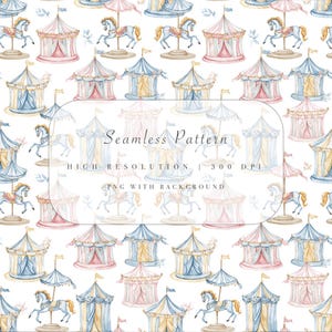Carousel Tent Seamless Pattern - Baby Circus Clipart for Nursery Decor - PNG with Background - Instant Download - Commercial Use