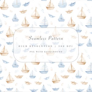 May include: Watercolor seamless pattern featuring sailboats and paper boats in shades of tan and blue on a white background. The text "Seamless Pattern" is displayed in the center of the image.